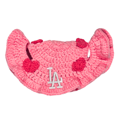 Pink Embroidered Heart Crochet Hat