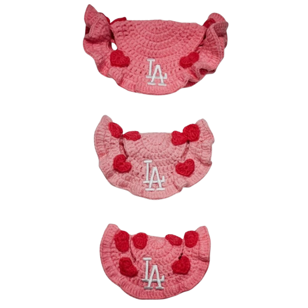 Pink Embroidered Heart Crochet Hat